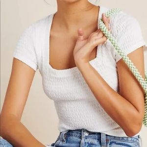 Anthropologie White Textured Square Neck Capped Sleeved Shirt Size Small NWT